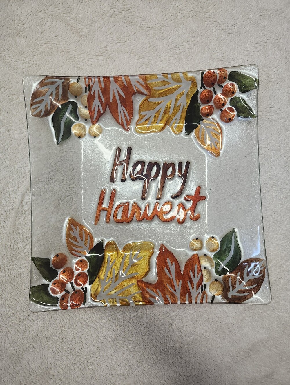 Happy Harvest Glass Decorative Plate - 13” x 13”  Leaf Print Autumn Colors